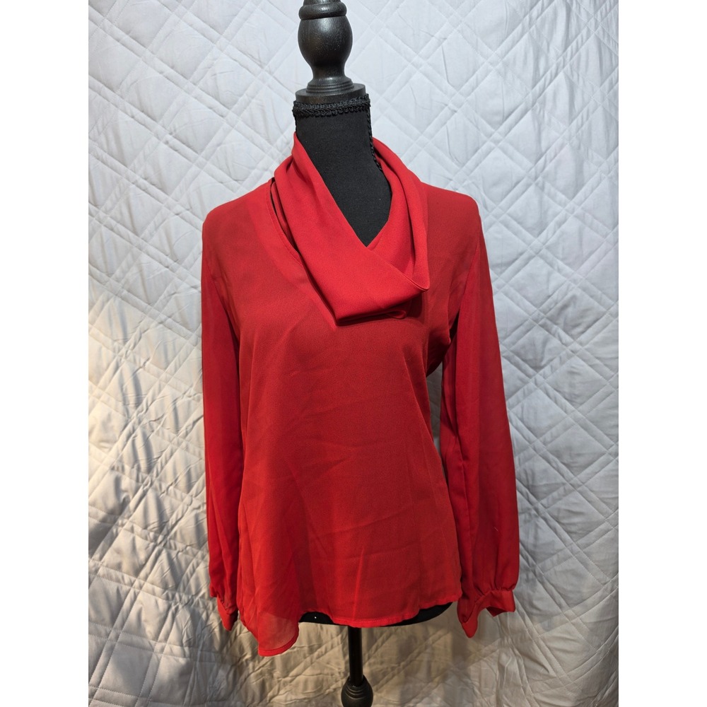 Lloyd Williams Red V-Neck Blouse with Removable Scarf Cowl Collar Long Sleeve